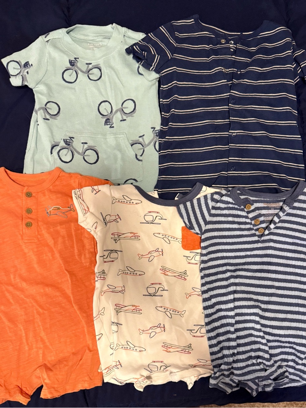 5-Pack Baby Rompers - Navy Stripe, Mint Bicycle, Orange, Airplane Prints